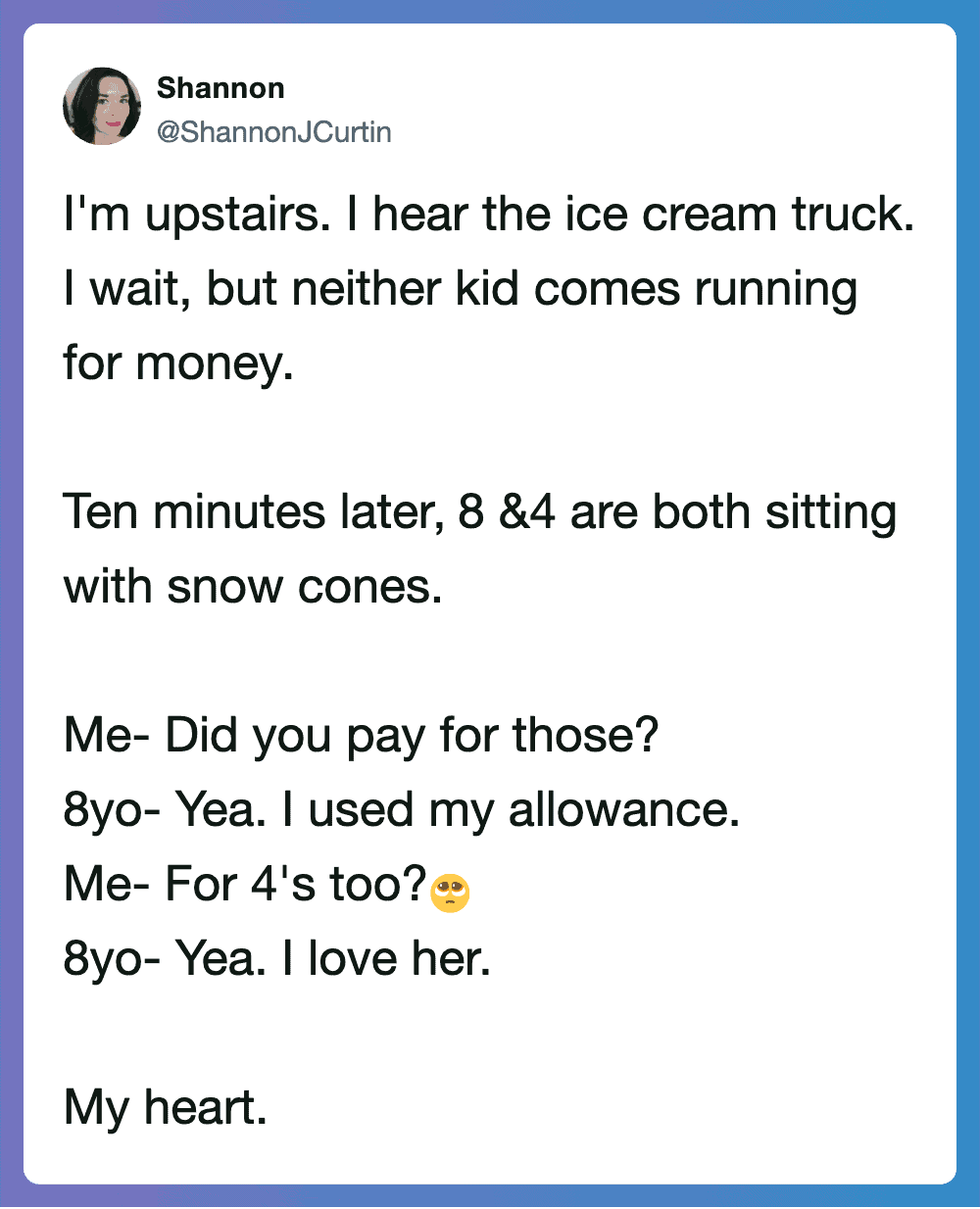 "Upstairs woman waiting for ice cream truck, kids with snow cones, heartfelt moment".