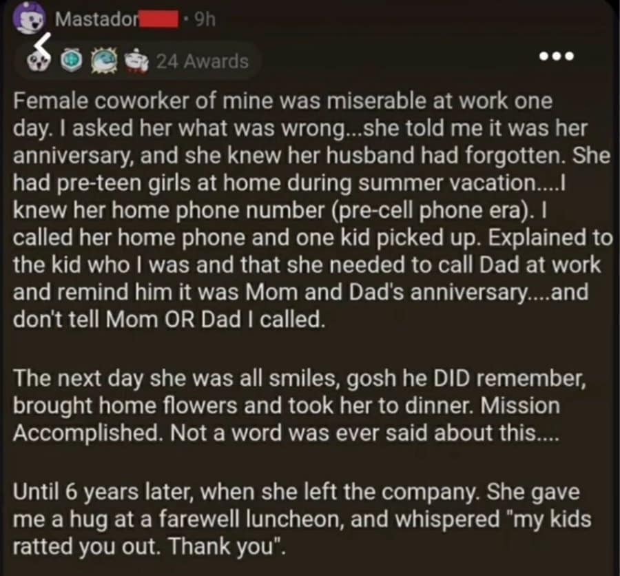 A social media post about a coworker's anniversary and her children.