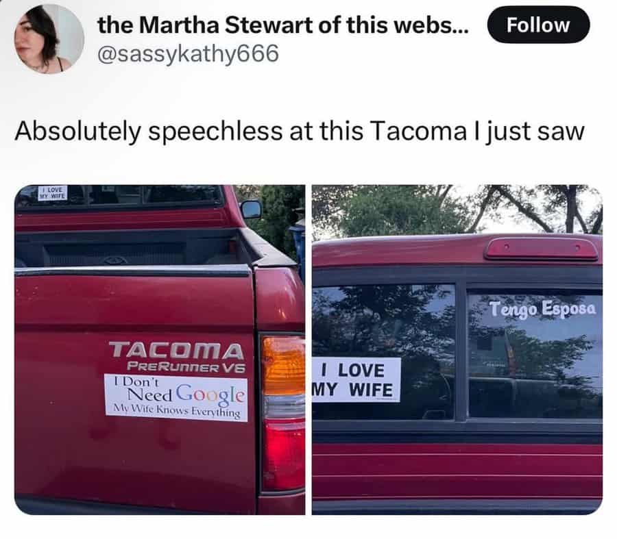 Two photos of a red Tacoma truck with love messages on the back window.