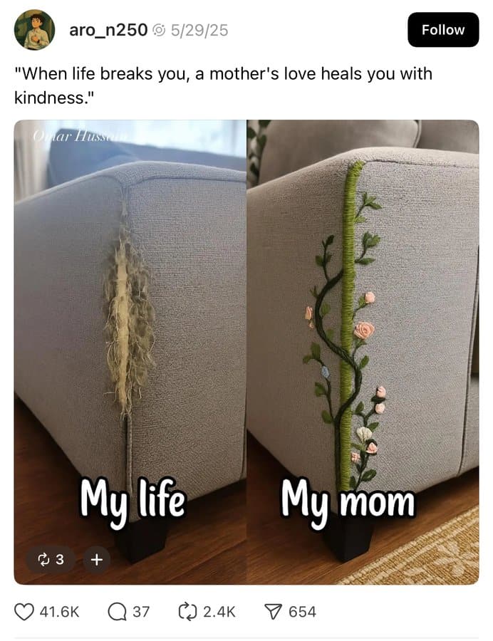 Comparison of a torn sofa with a repaired, embroidered sofa showing love and care.
