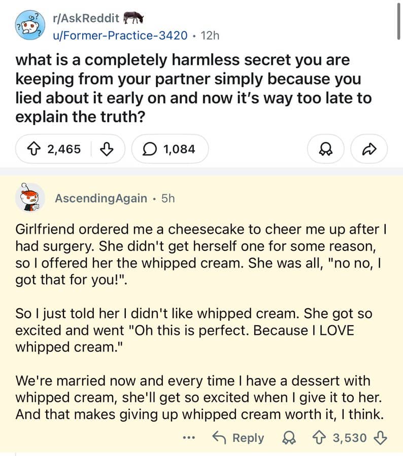 A Reddit post about a harmless secret kept from a partner, with a humorous story about whipped cream.
