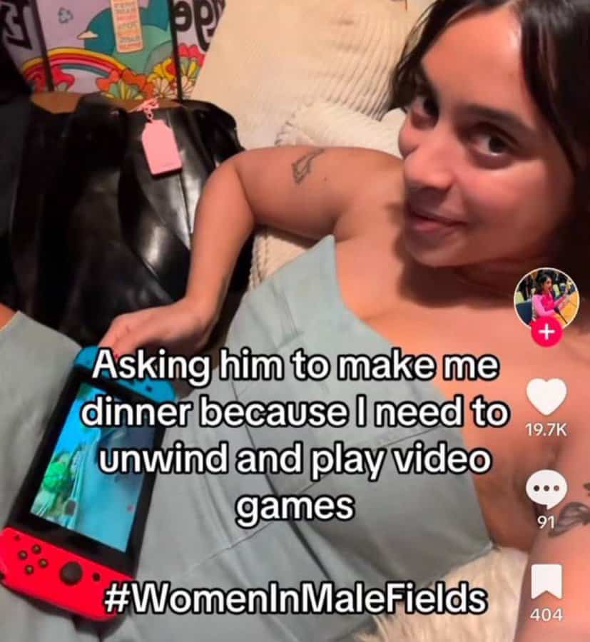 Woman lying on bed with a Nintendo Switch, smiling, with text about asking him to make dinner.
