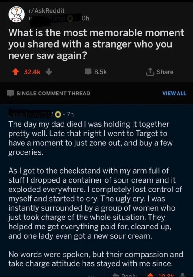 Reddit post asking about memorable moments shared with strangers.