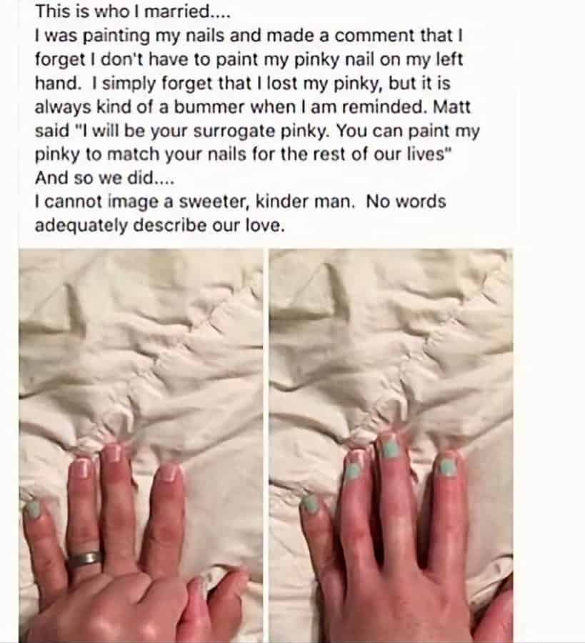 Photo of two hands with painted nails on a beige fabric background.