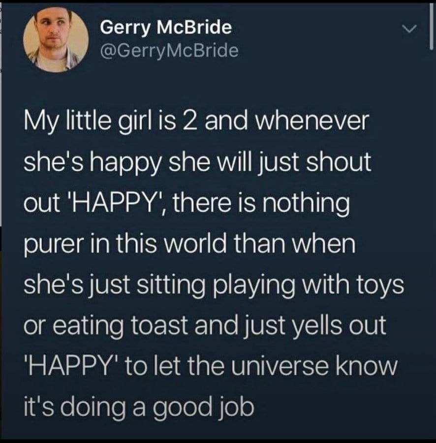 Gerry McBride's tweet about his 2-year-old girl shouting 'HAPPY' when she's happy.