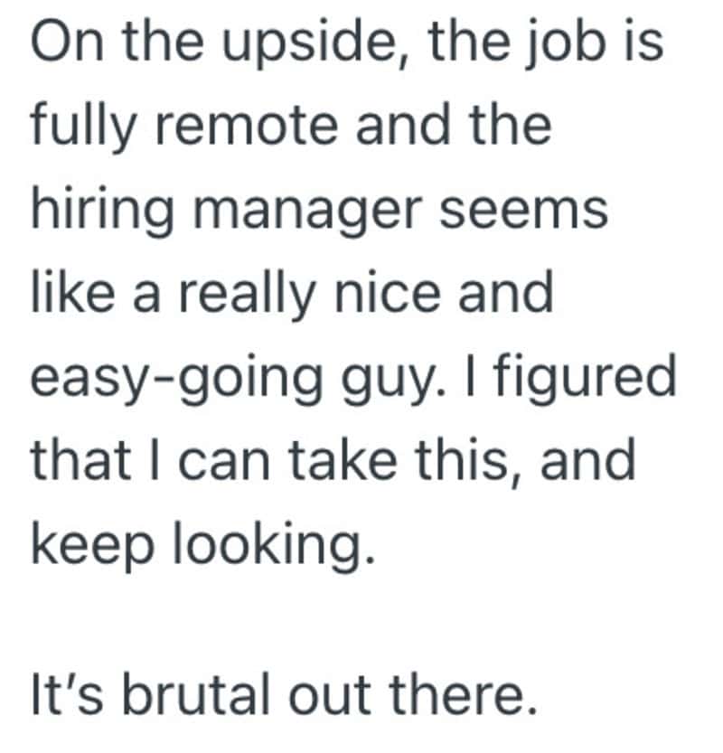 Text about a remote job and hiring manager, with a positive outlook.