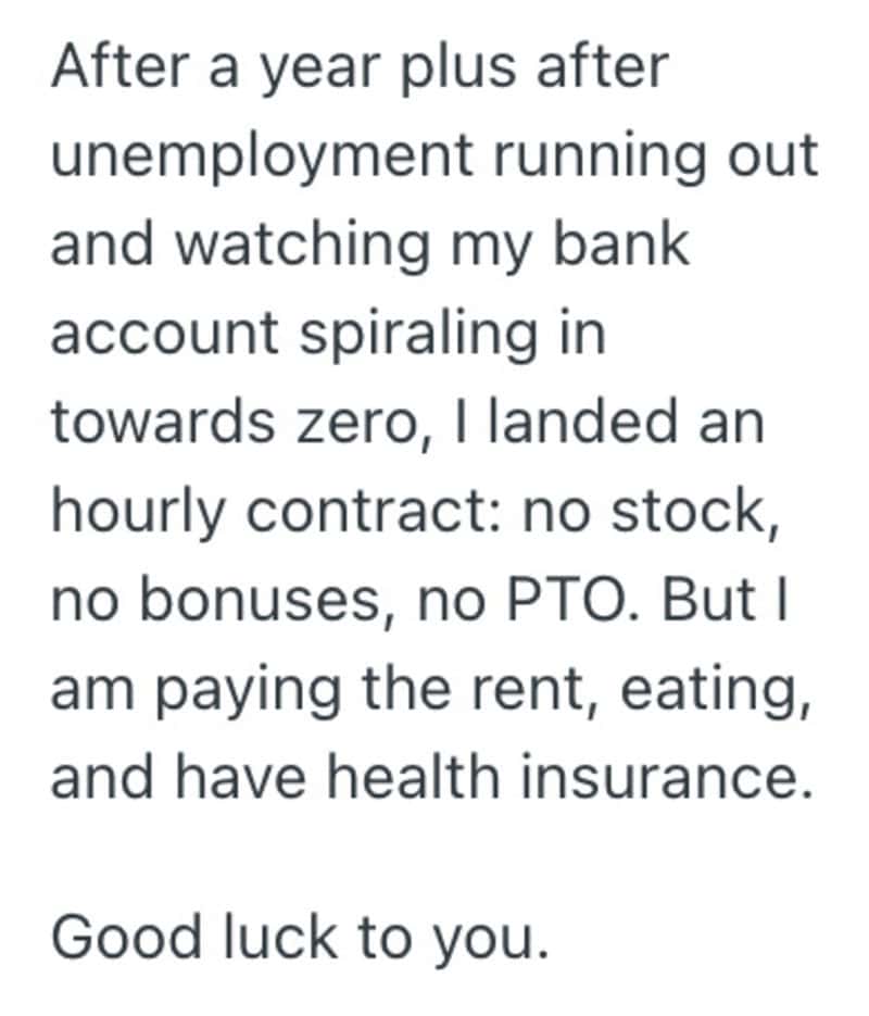 Text about unemployment, rent, health insurance, and good luck.