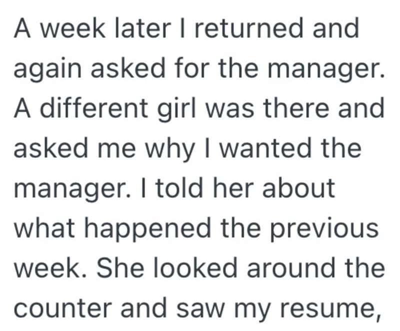 A woman talking to a manager about her previous week at work.