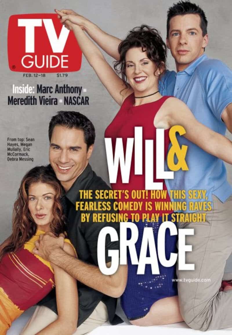 TV Guide cover featuring Will & Grace cast with text about the show and other stars.