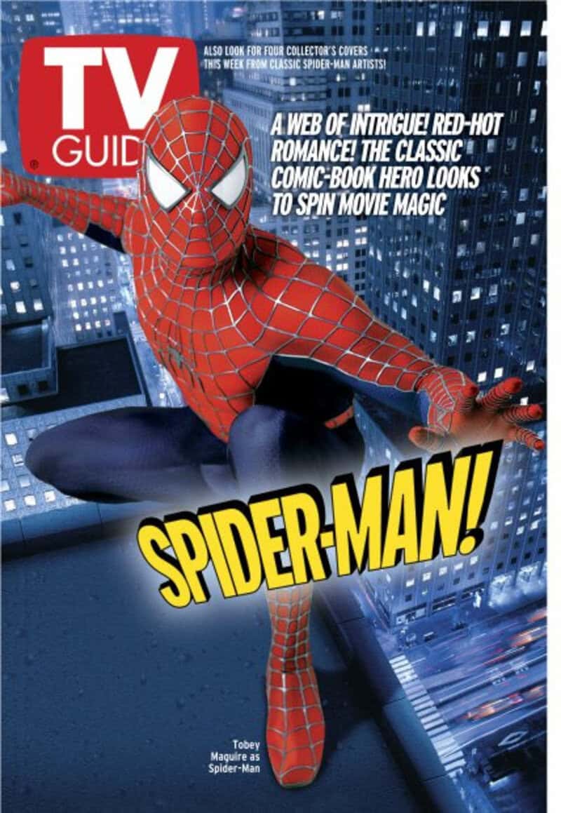 Spider-Man on a city rooftop with a night cityscape background.