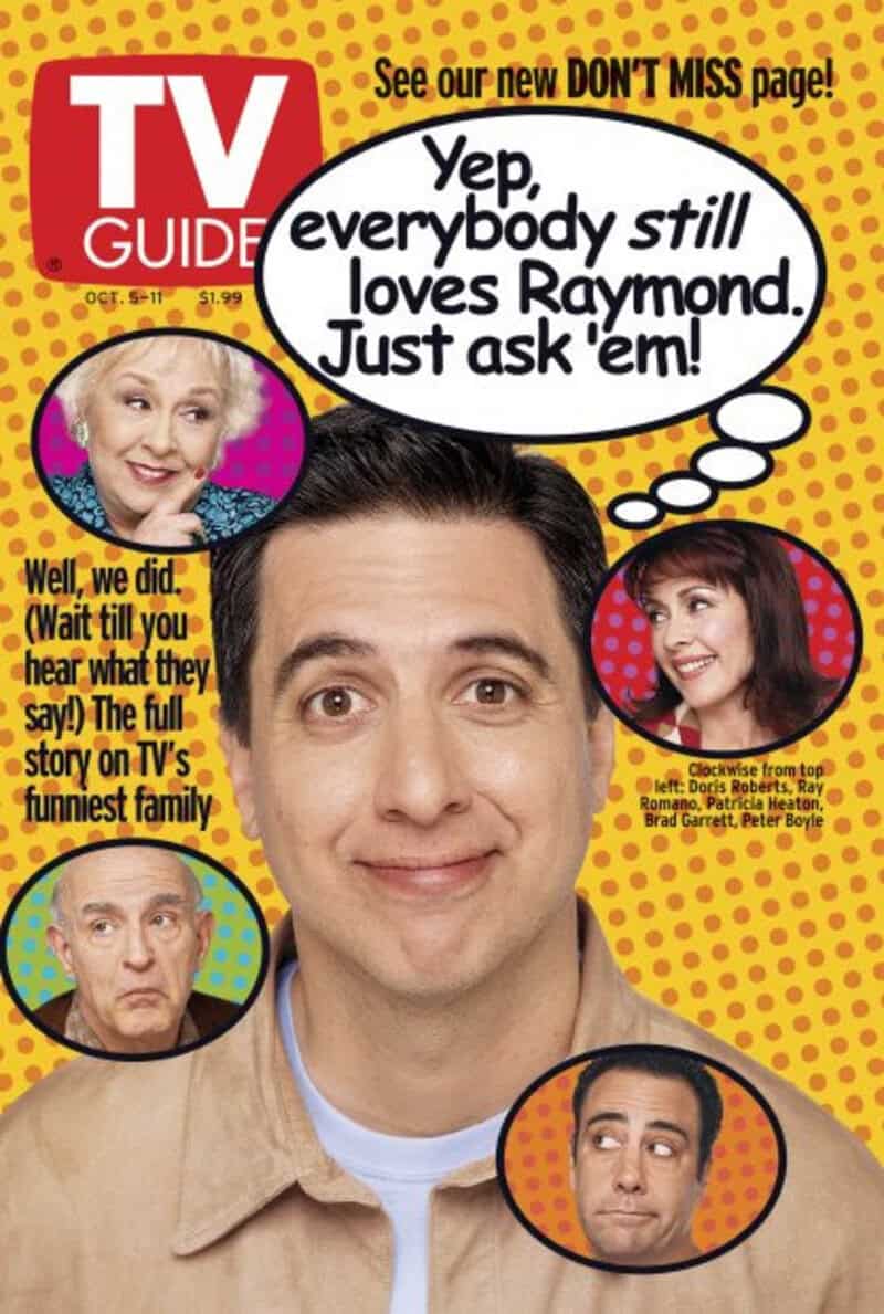 Y2K TV guide cover with Raymond, Ray Romano, and others, with speech bubbles.