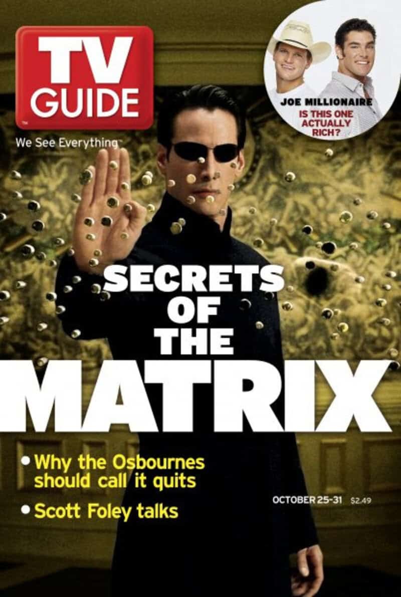TV Guide cover featuring Neo from The Matrix with bullet holes and text.