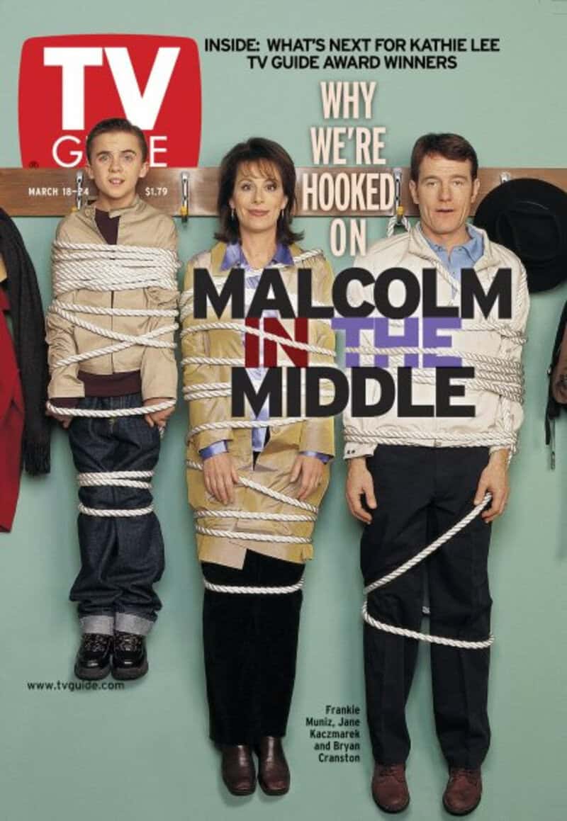 TV Guide cover featuring Malcolm in the Middle cast tied with ropes.