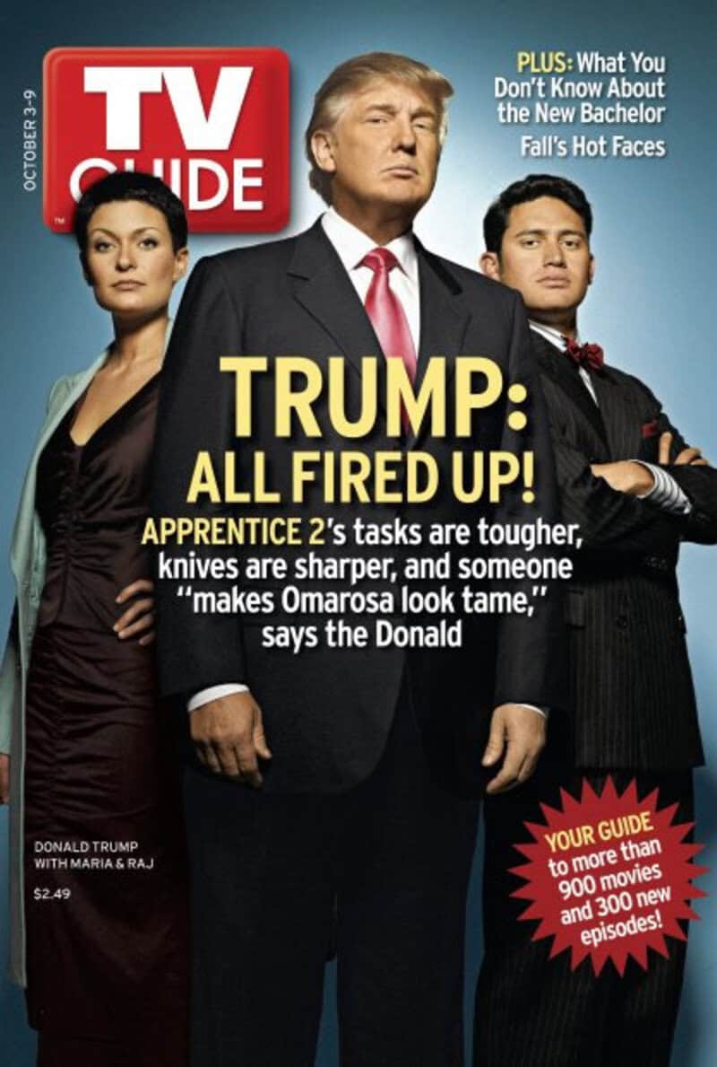 TV Guide October 13-19, 2019 cover with Trump and two people, headline about Trump being fired up.