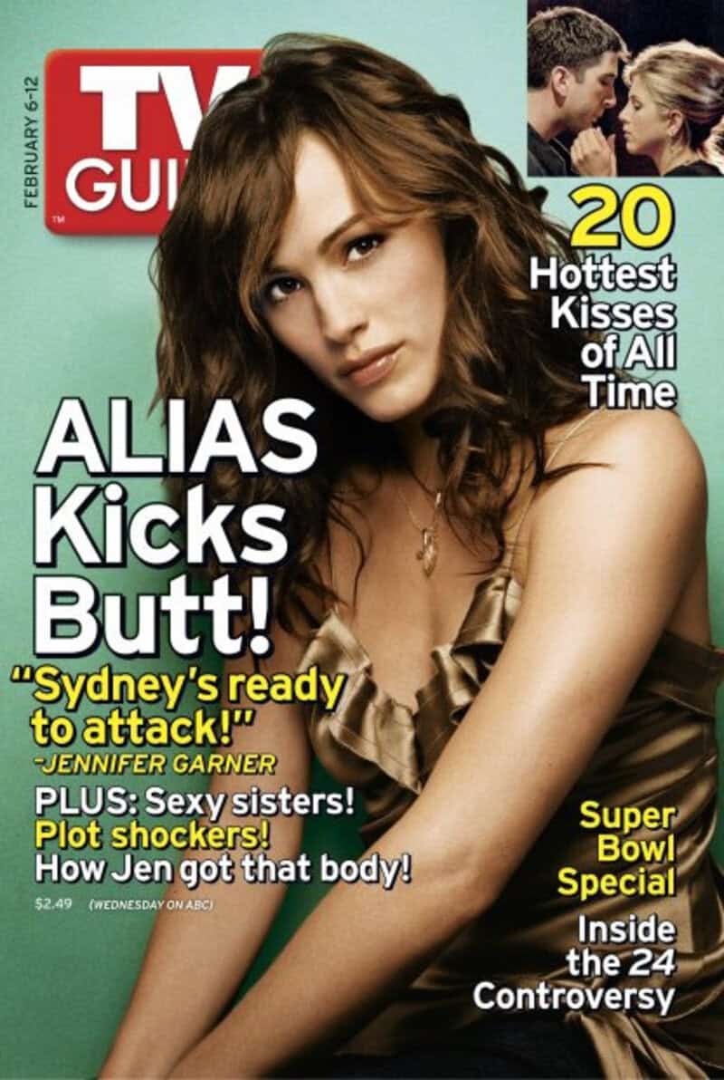 TV Guide cover featuring Jennifer Garner with headlines about kisses, Alias, and Super Bowl.