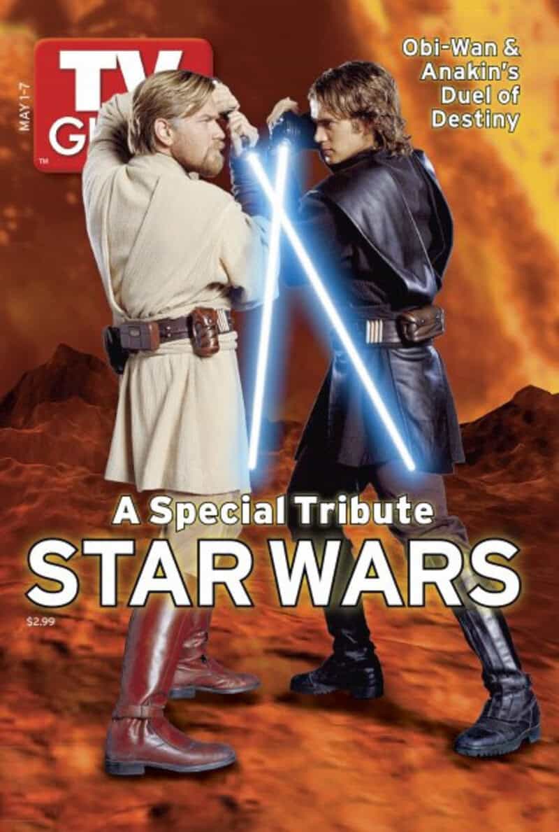 Star Wars tribute magazine cover with Obi-Wan and Anakin facing off with lightsabers.