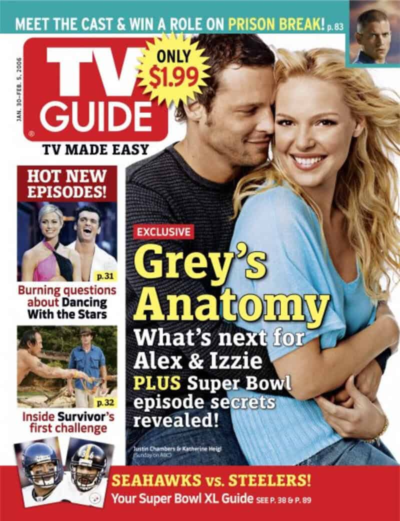 TV Guide cover featuring Grey's Anatomy with Alex and Izzie, $1.99, March 15-21, 2006.