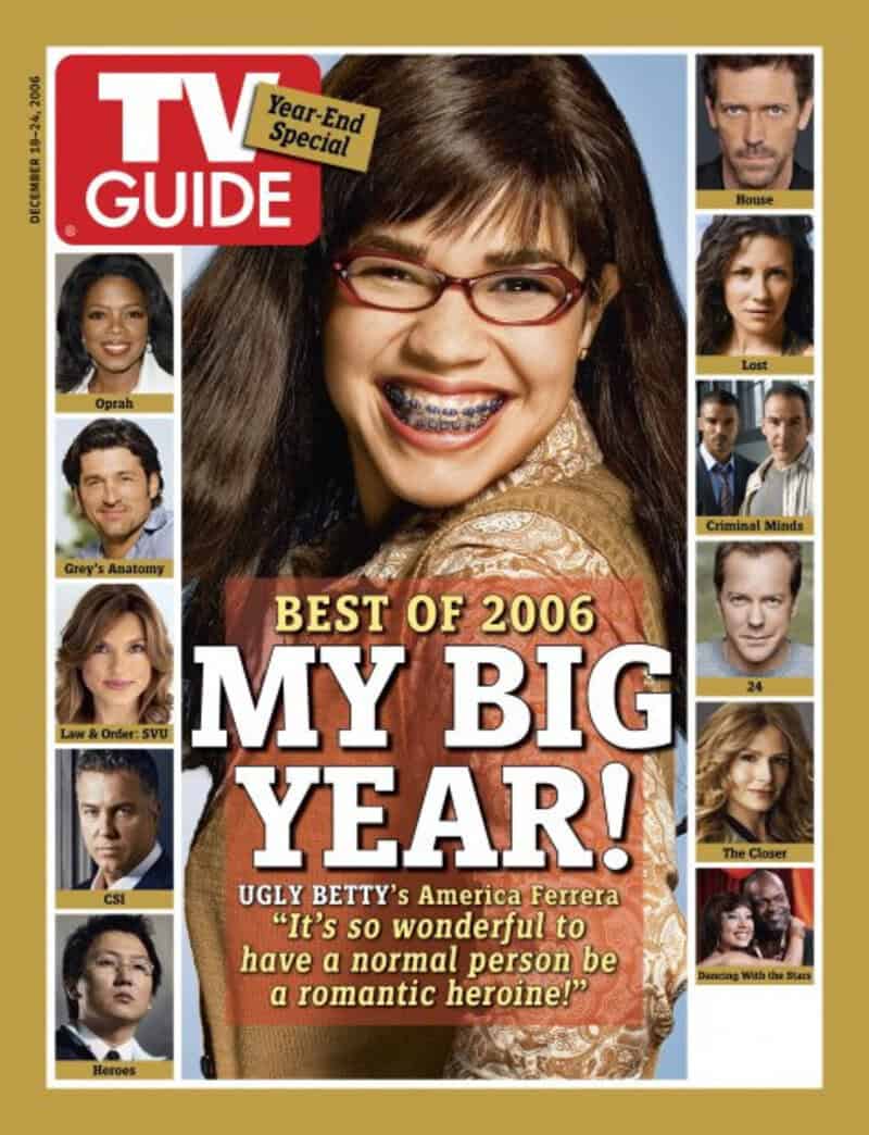 Y2K TV guide covers with a girl with braces in the center, surrounded by celebrity images.