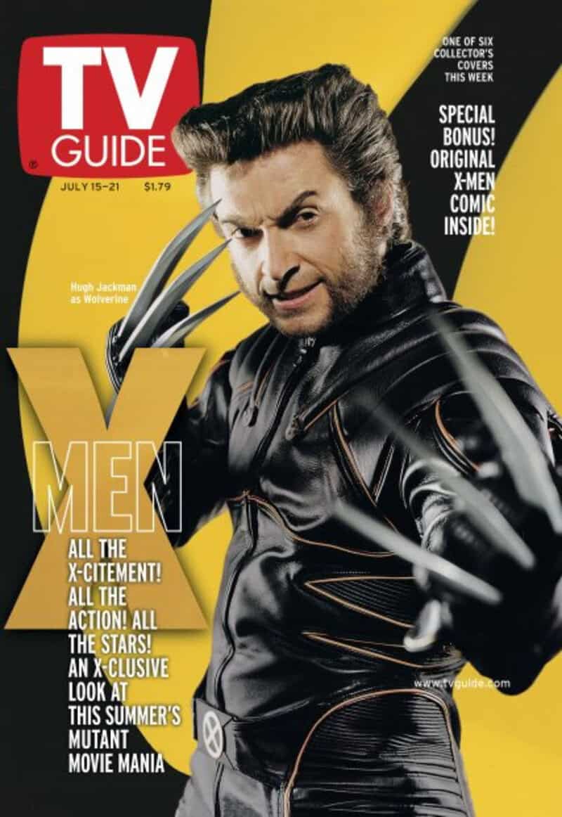 Y2K TV guide cover featuring Hugh Jackman as Wolverine with claws extended.