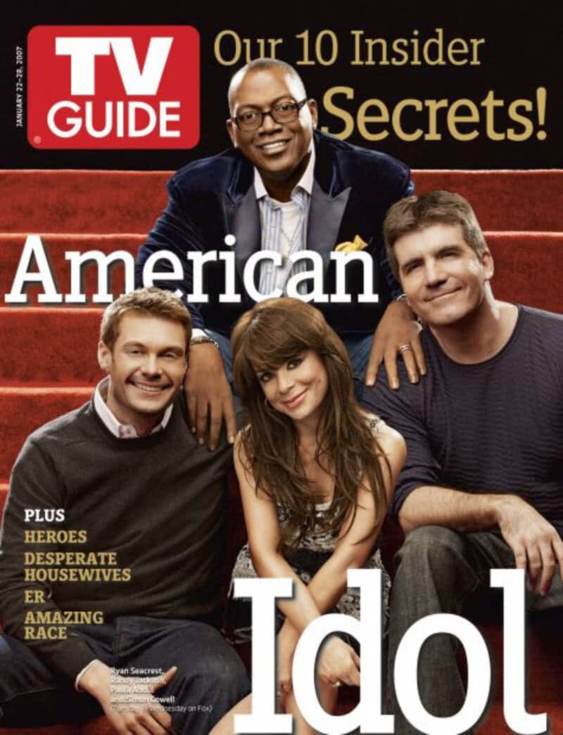 TV Guide cover featuring four people, with text about insider secrets and American Idol.
