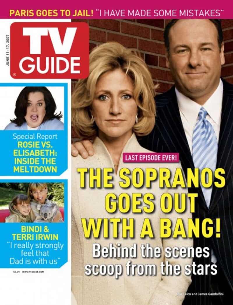 TV Guide cover featuring The Sopranos with James Gandolfini and Edie Falco, headline about the show.