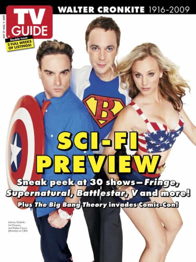 Y2K TV guide cover featuring Walter Cronkite, with three people in superhero costumes.