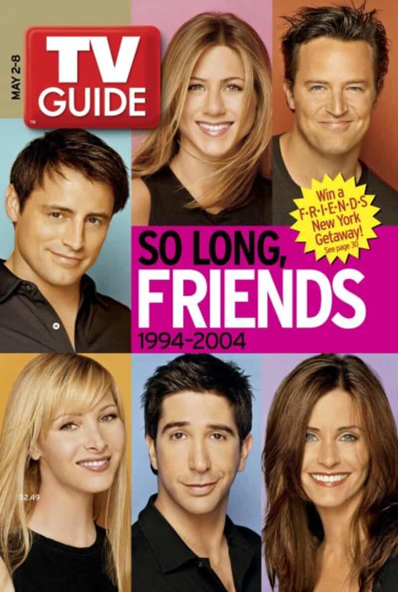 TV Guide cover featuring the cast of Friends, 1994-2004, with pink and purple text.