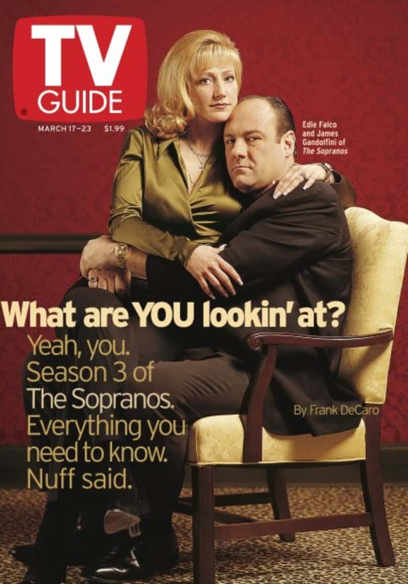 TV Guide cover featuring Edie Falco and James Gandolfini from The Sopranos, March 17-23, 2000.