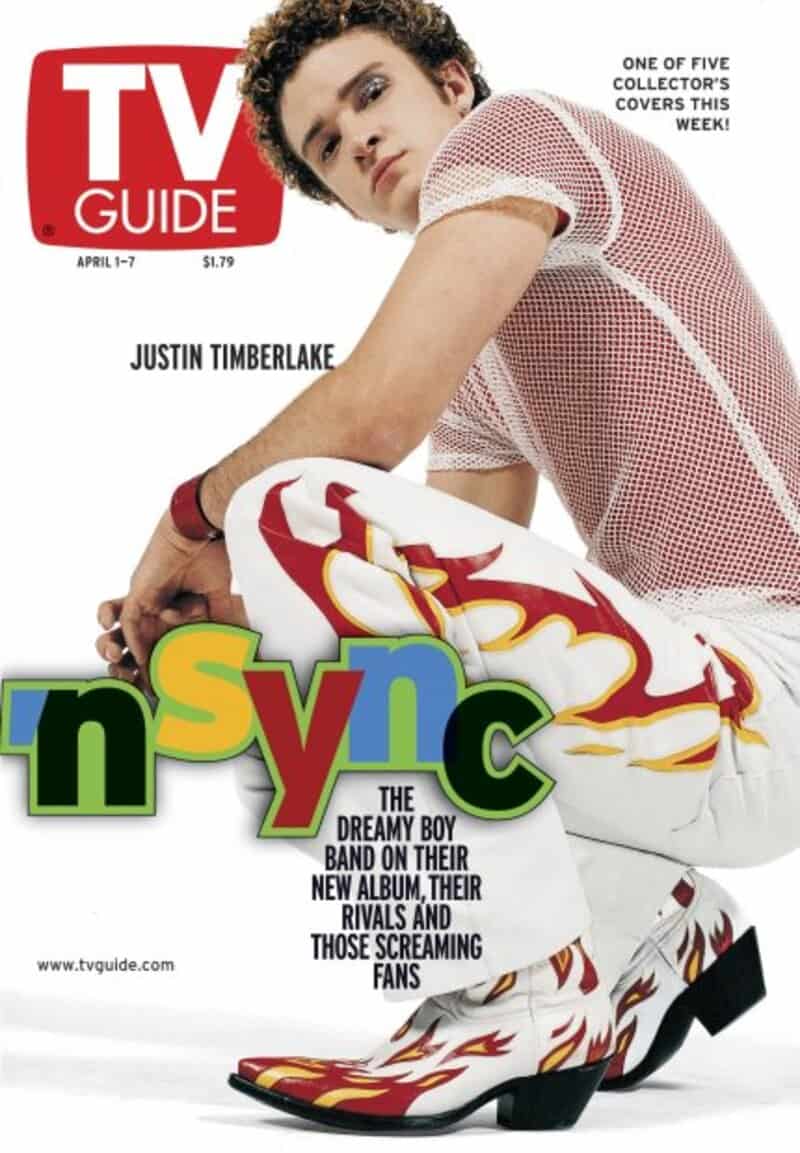 Justin Timberlake on the cover of TV Guide April 7, 2001, with a flame design on his boots.