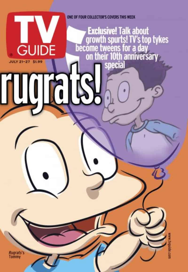 TV Guide cover featuring Rugrats characters Tommy and Chuckie with a purple background.