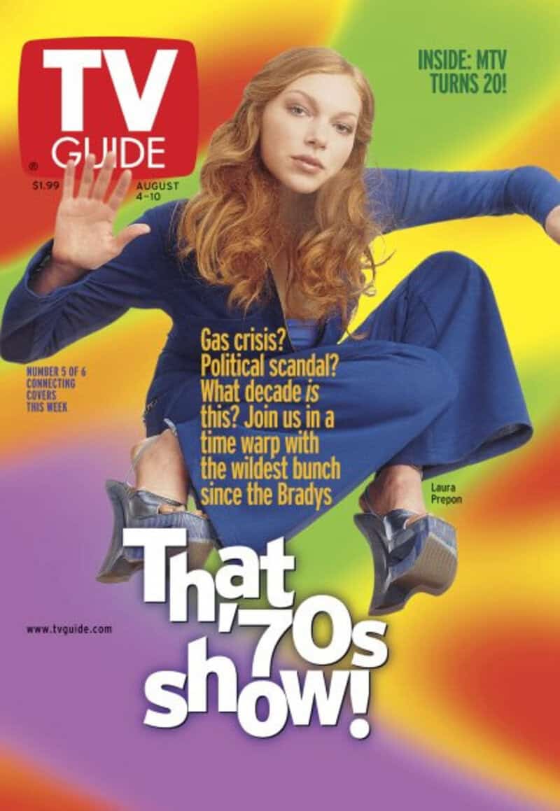 TV Guide cover featuring a woman in a blue suit with the headline 'That, 70s show!'.