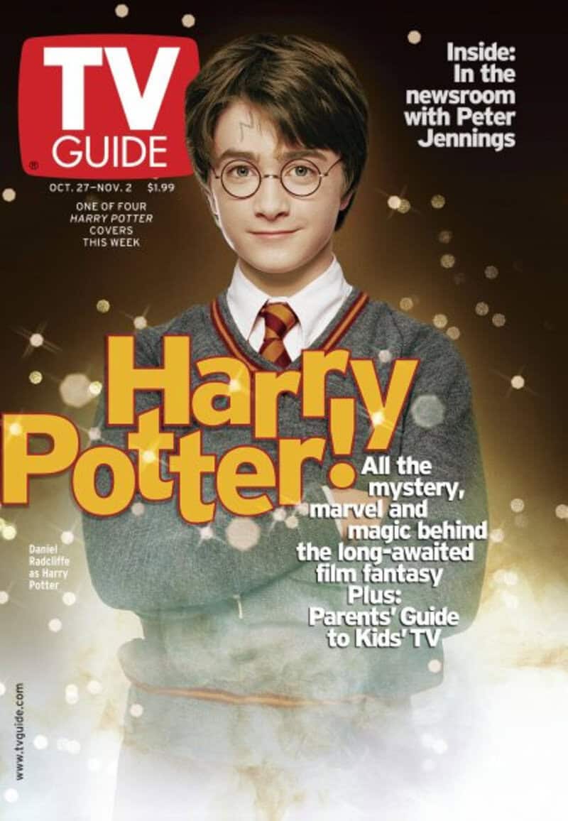 Harry Potter on TV Guide cover with glasses and Gryffindor sweater.