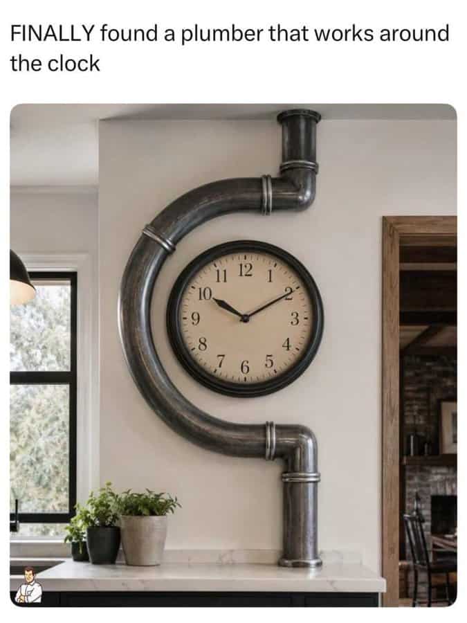 Unique clock with a pipe design, blending plumbing and timekeeping elements.