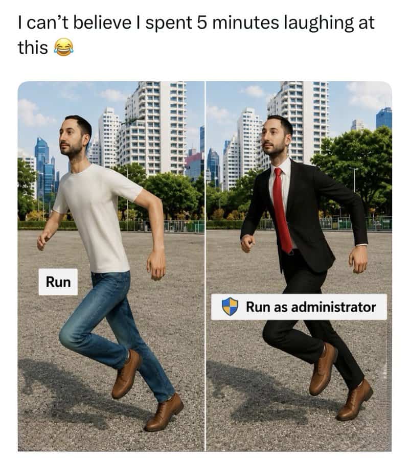 Man running in casual and business attire in cityscape background.