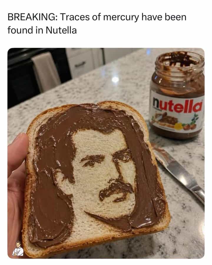 Toast with a portrait of Freddie Mercury made with Nutella spread.