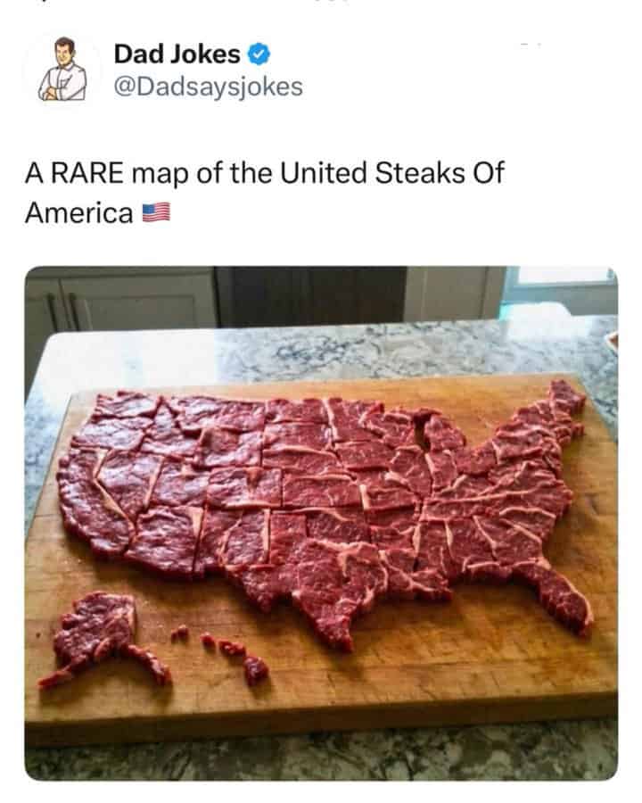 Rare map of the United States made from steak on a cutting board.