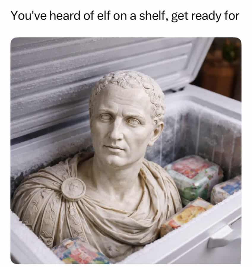 Classic bust of a Roman man with a modern humorous caption about elves and shelves.