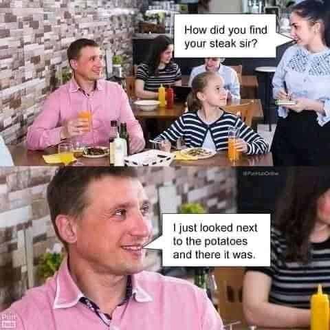 A man at a restaurant table smiling, with a woman asking, "How did you find your steak sir?".