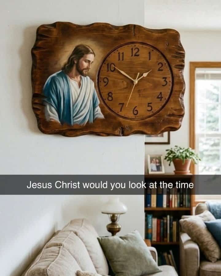 Wooden wall clock with Jesus Christ image and time showing 1:10, in a cozy living room.