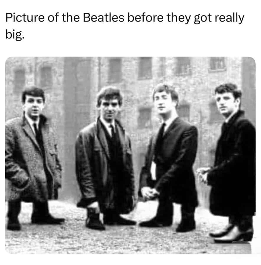 The Beatles before they became famous, black and white photo.