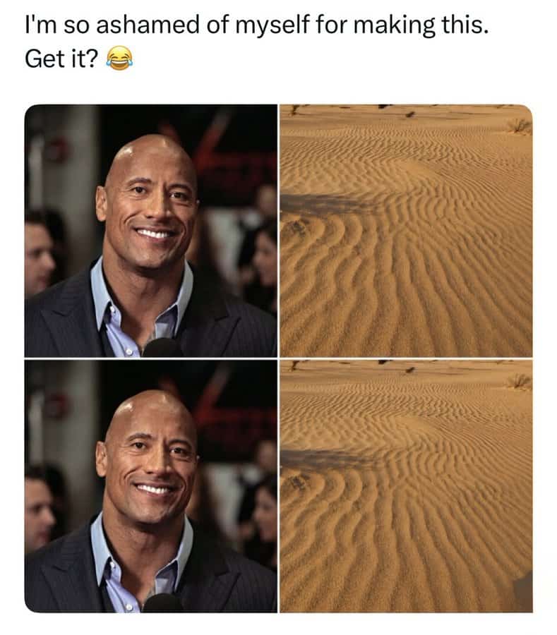 Man smiling with desert dunes, feeling ashamed of making this joke.