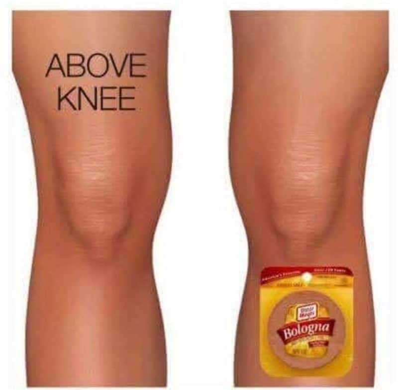 ABOVE KNEE tattoo with a Bologna cheese package on the right knee.