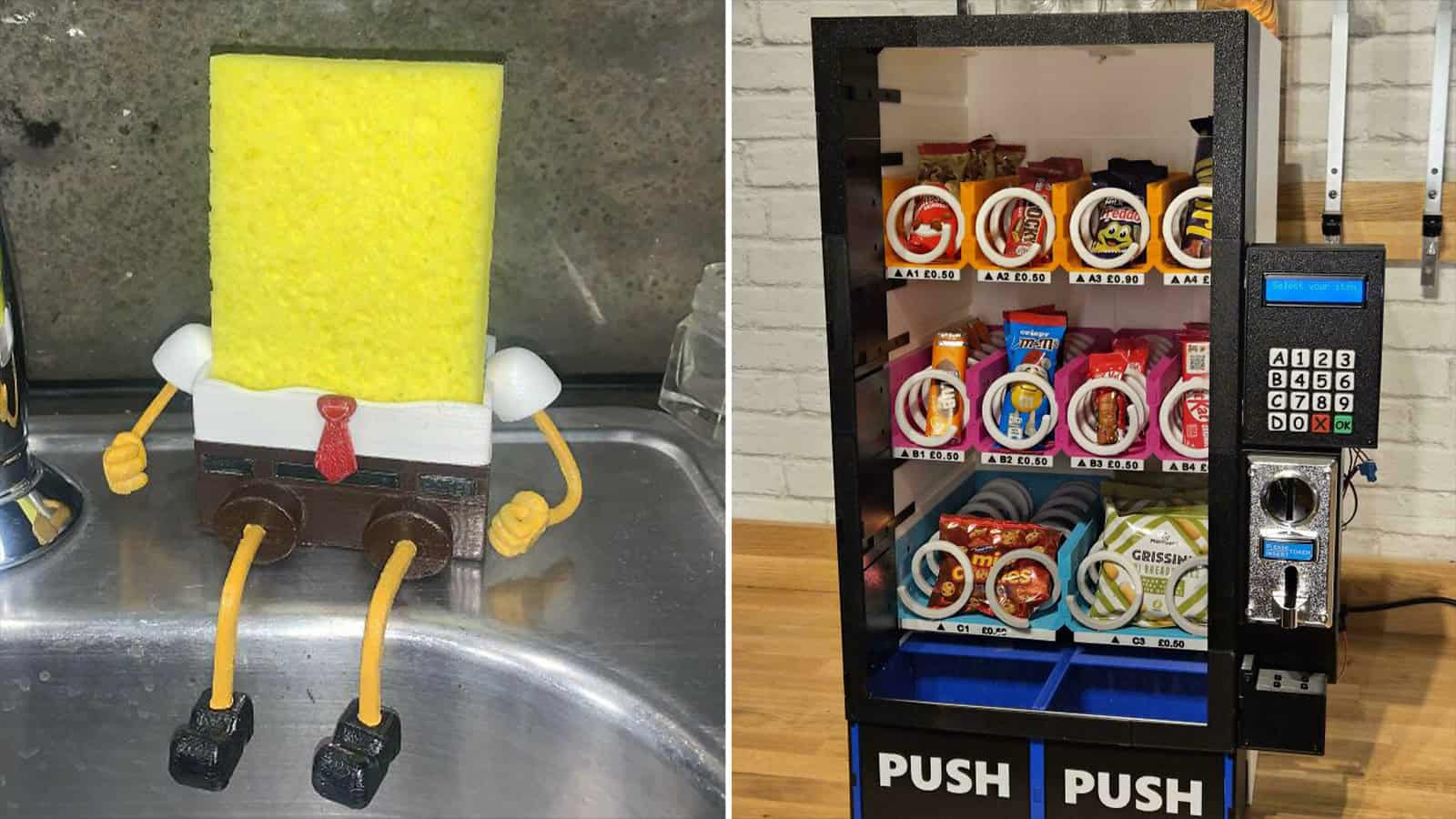 SpongeBob SquarePants sponge character with arms, legs, and tie, standing on a sink.