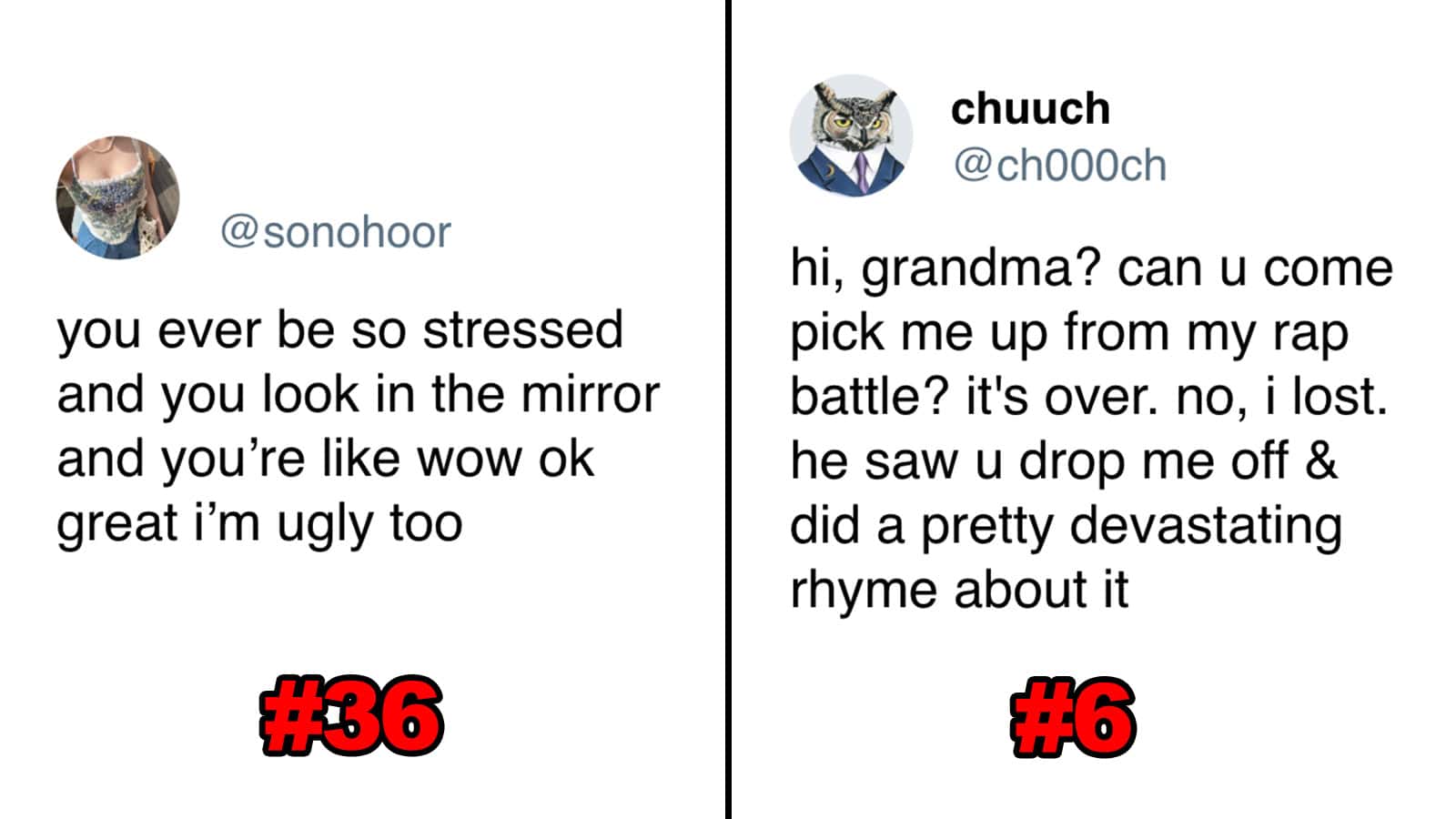 Two tweets about stress and grandma, with ranking numbers #36 and #6.