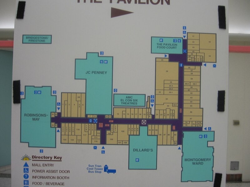 Mall directory map showing stores like JC Penney, Dillard's, and Montgomery Ward.