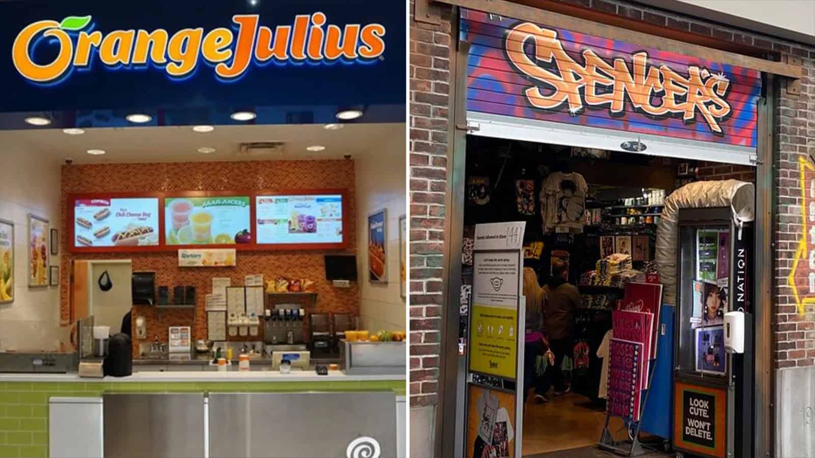 Orange Julius and Shenk's store entrances with colorful signage and interior views.