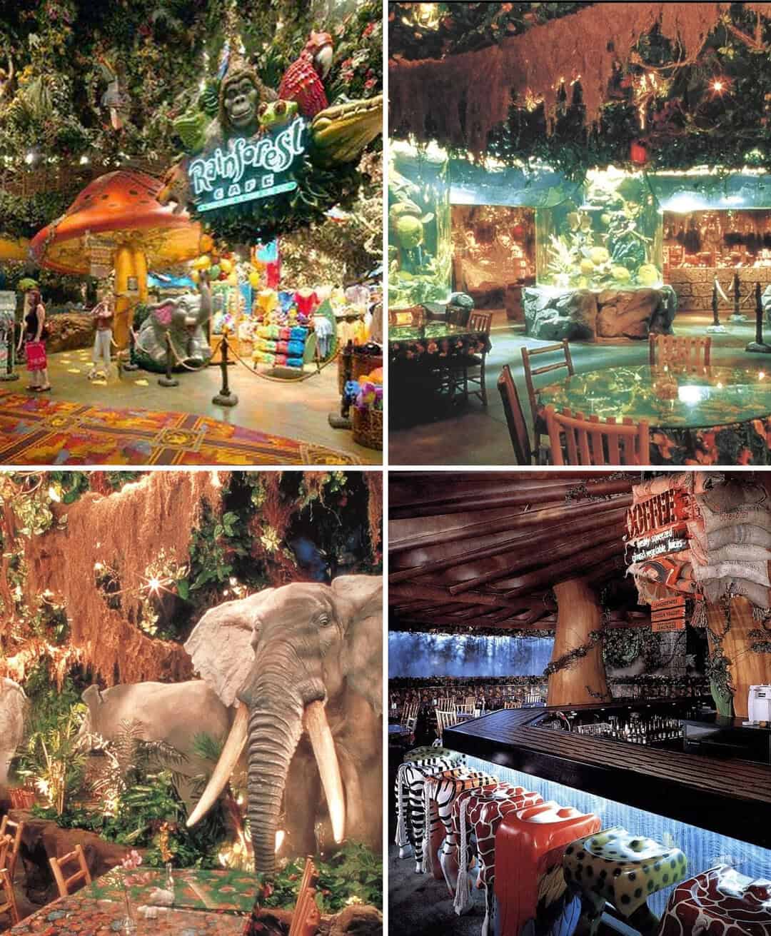 Colorful indoor amusement park with rides, jungle scene, and animal figures.