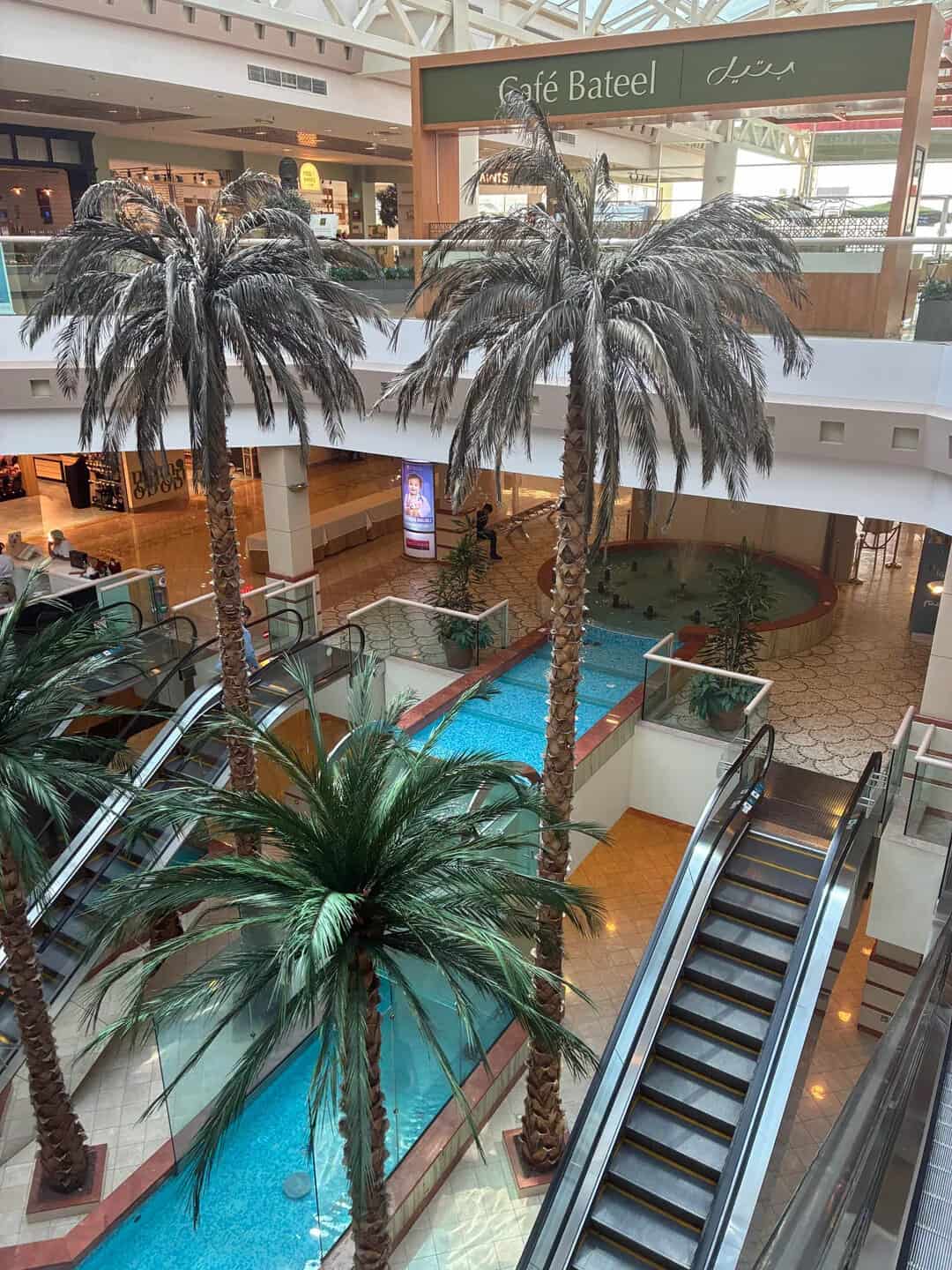 Indoor mall with artificial palm trees and a small pool area.