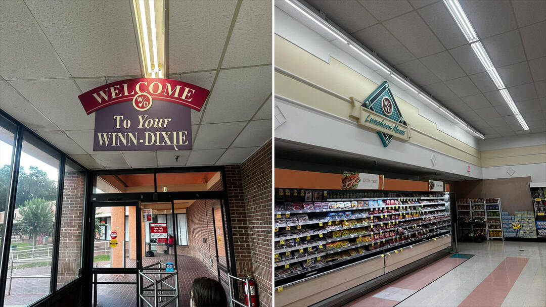 Welcome to Winn-Dixie sign inside a grocery store with entrance doors below.
