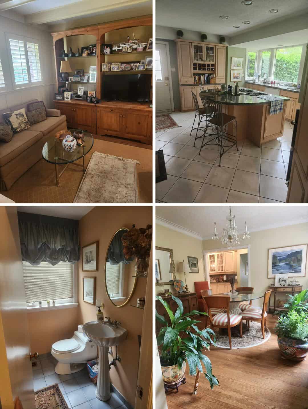 Four images of 90s-style home interiors, including a living room, kitchen, bathroom, and dining room.